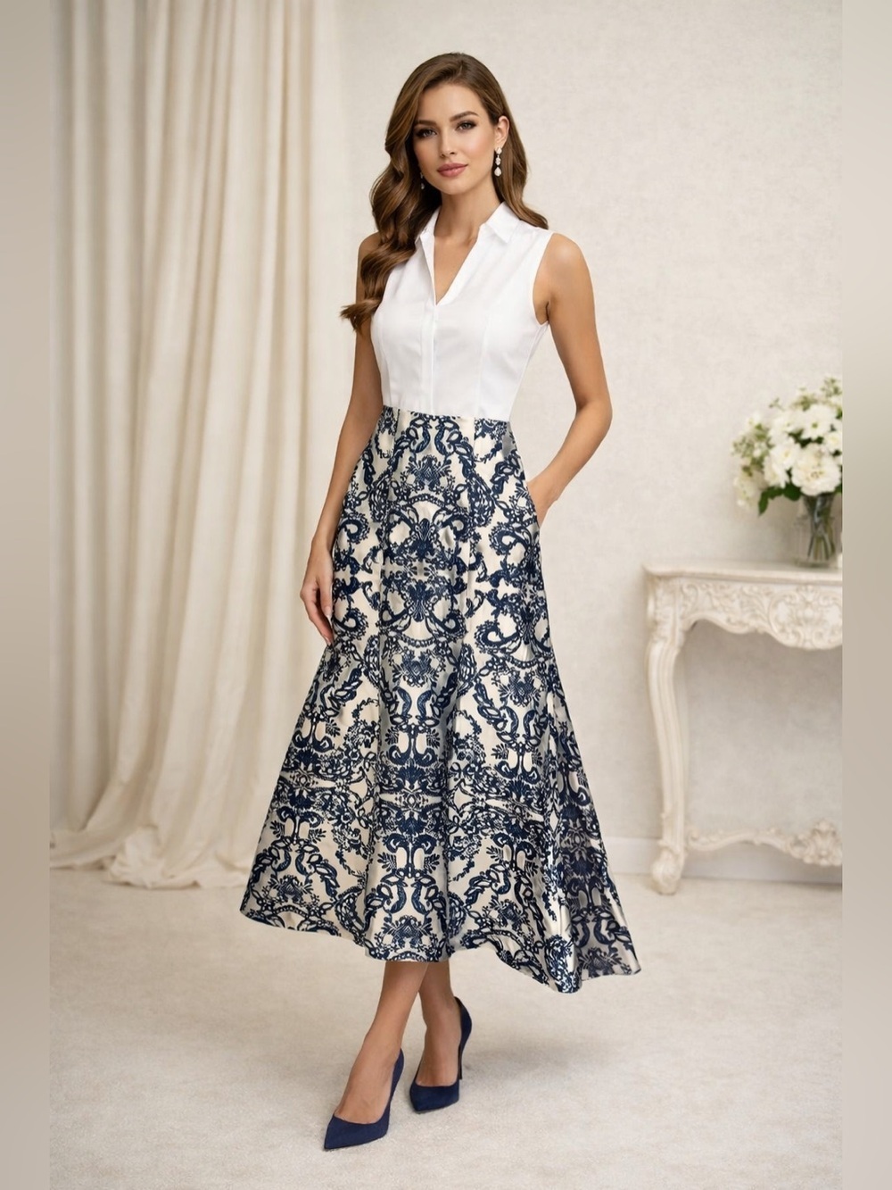 Speechless Blue and White Maxi Skirt